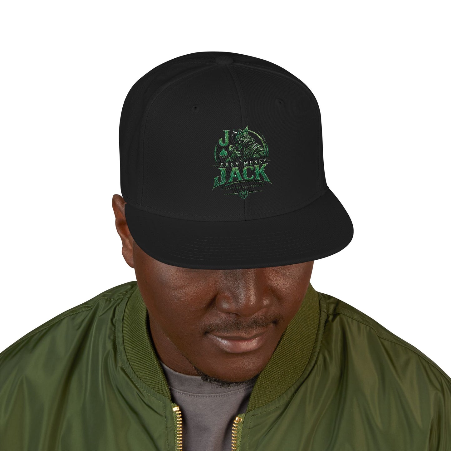 Snapback Hat — Embroidered Green Mosaic Skull Patch