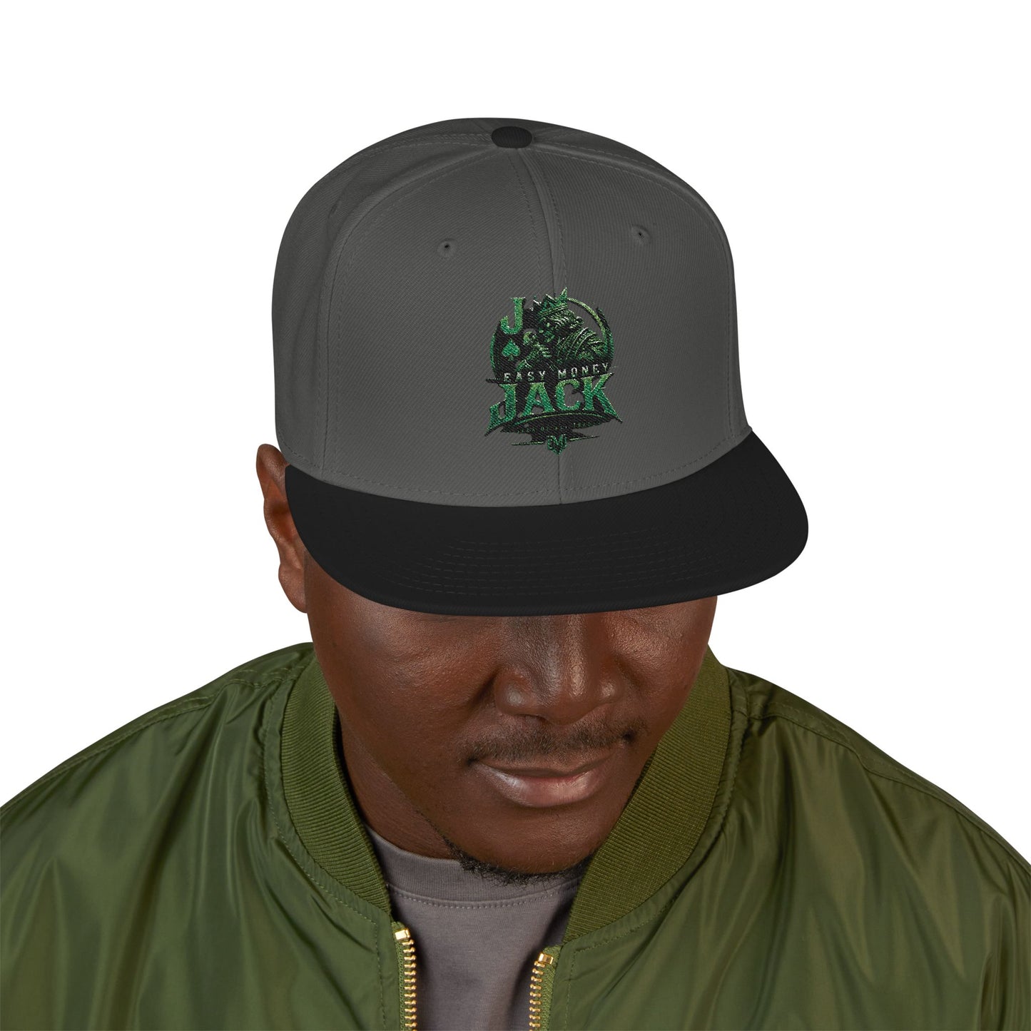 Snapback Hat — Embroidered Green Mosaic Skull Patch