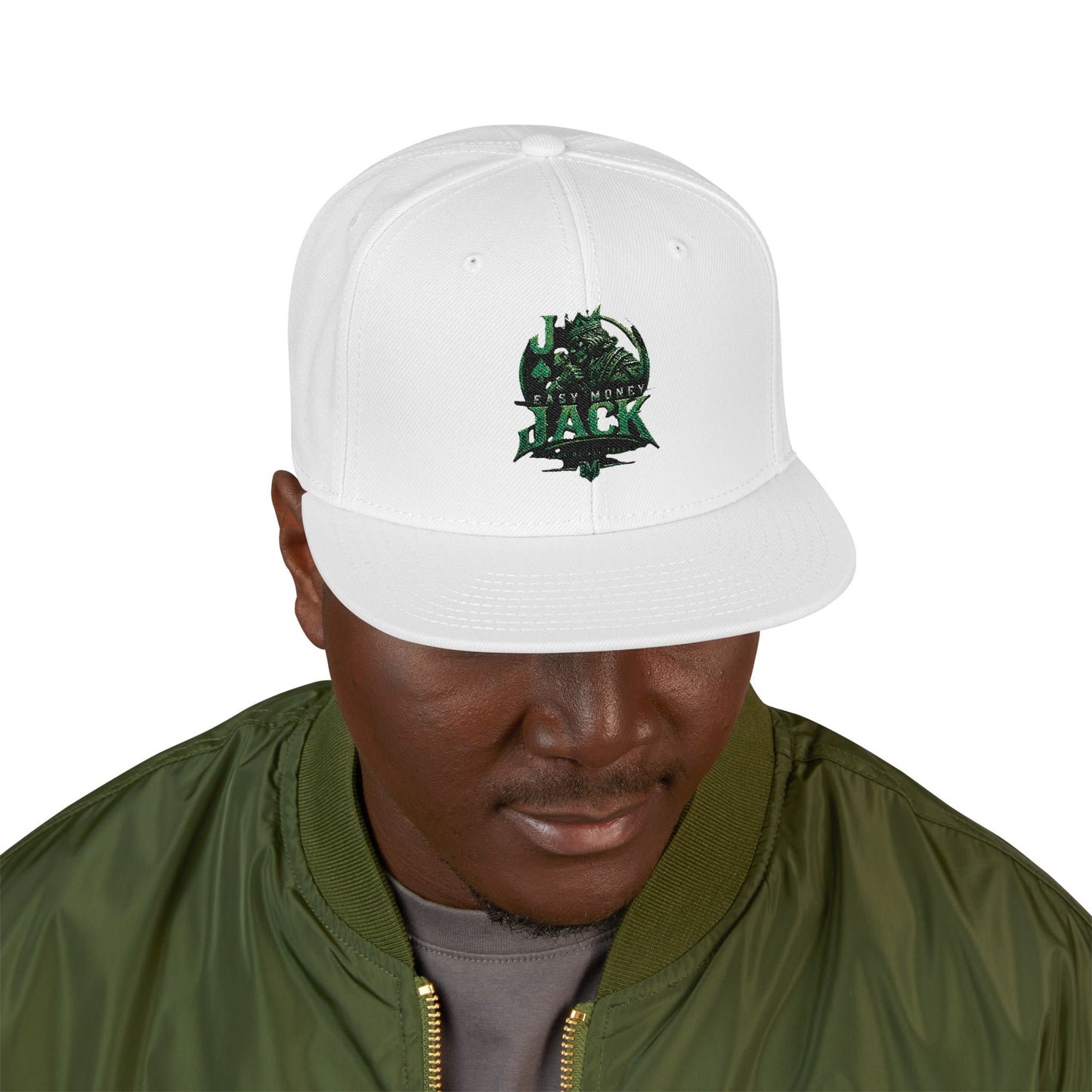 Snapback Hat — Embroidered Green Mosaic Skull Patch